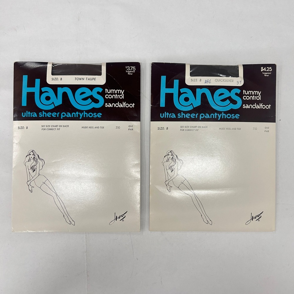 Vintage 1980 Hanes Ultra Sheer Pantyhose 2 Pair Size B Tummy Control Sandalfoot